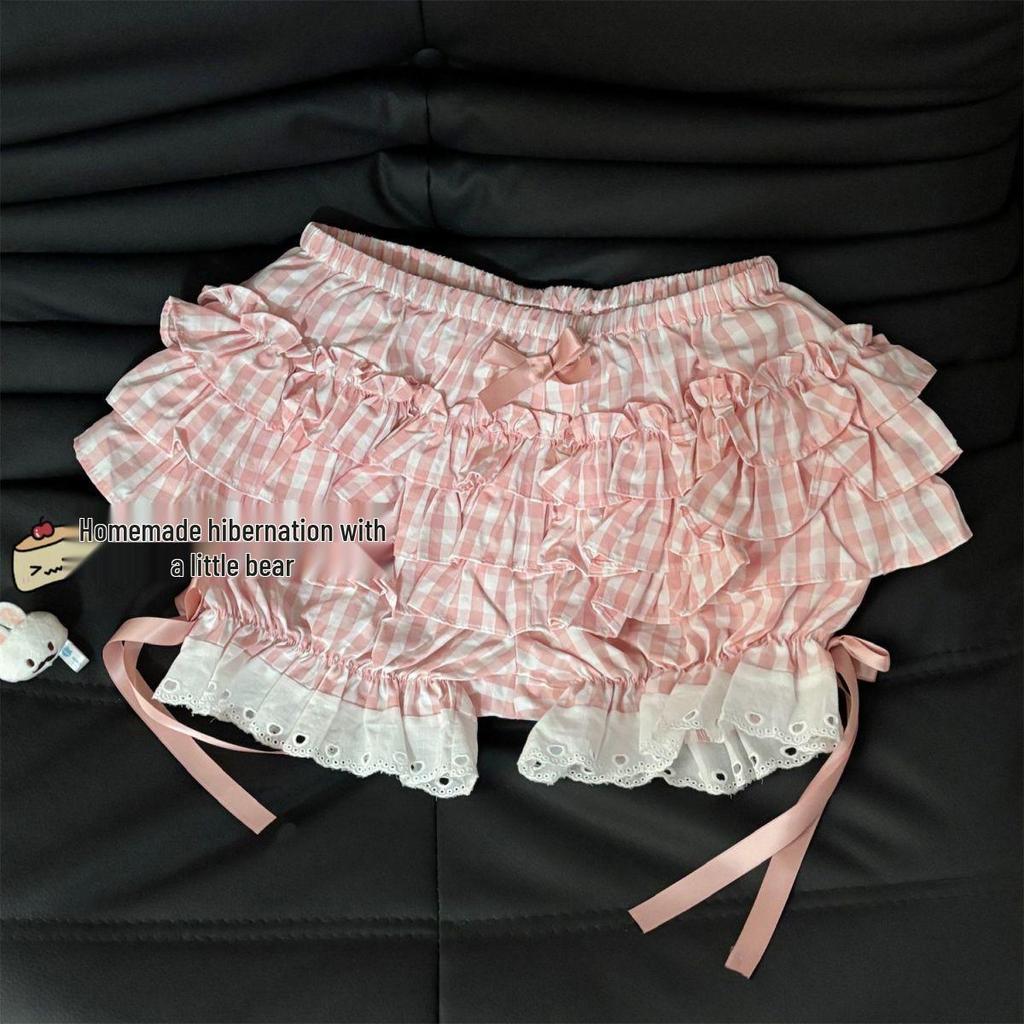 Grün & Weiß Karierter Elastischer Schleifenspitzen-Skort - Niedlich, Vielseitig, Petite, Sommer 2025 Edition