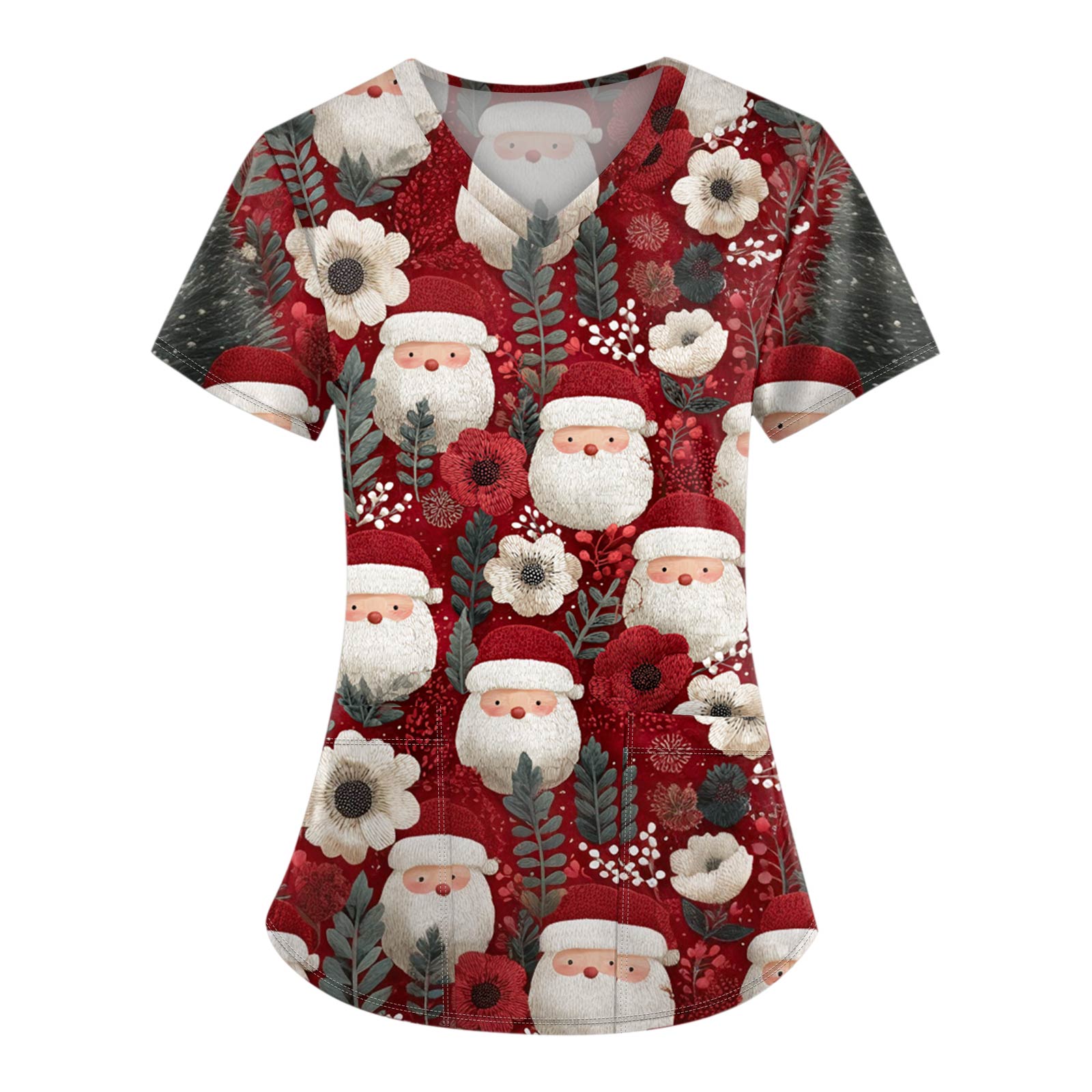 

Женские топы с короткими рукавами и v-образным вырезом с рождественским принтом, рабочая блузка с карманами XL красный