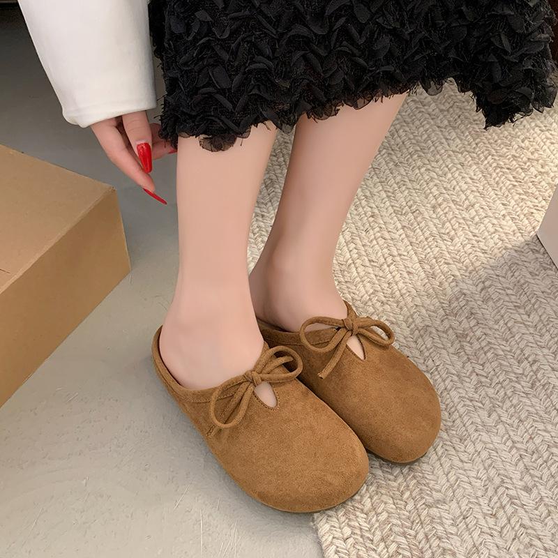 Retro and versatile 2025 autumn new bow one-pedal soft-soled half-slippers flat-bottomed Boken bag head slippers women