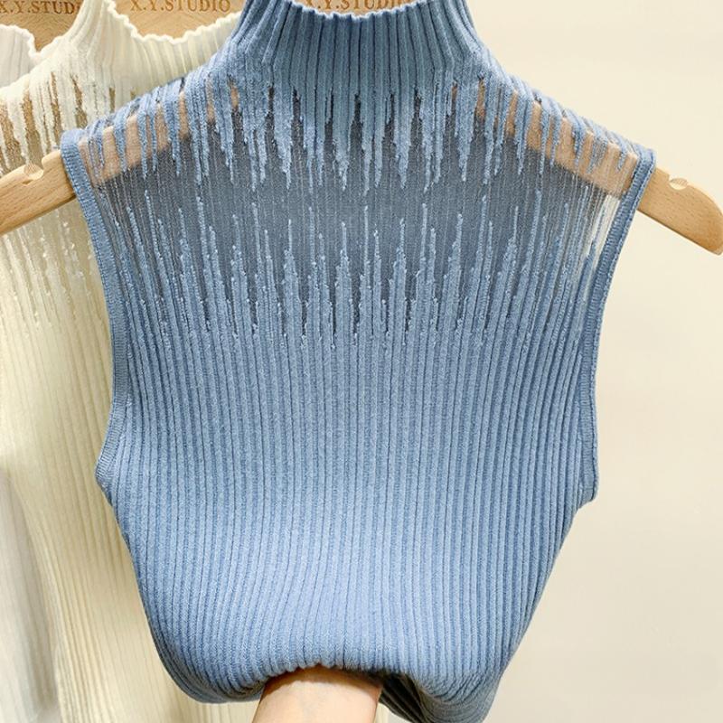 

Модные сетчатые трикотажные повседневные майки без рукавов для женщин, летние элегантные облегающие майки с полувысоким воротником, женские майки, однотонные, простые, одежда 2010 года 26304 One Size синий