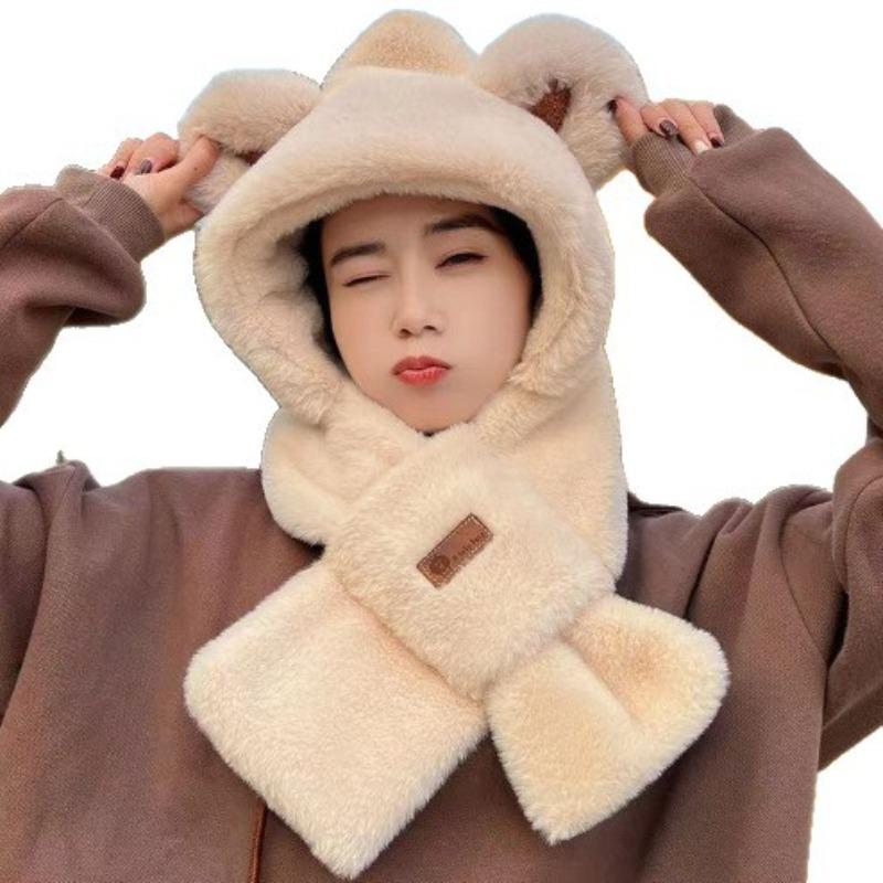 Plush Hat and Scarf All in one Women's Autumn and Winter Outdoor Cycling Thickened Warm Windproof Ear Protection Cute Bear Two Piece Set
