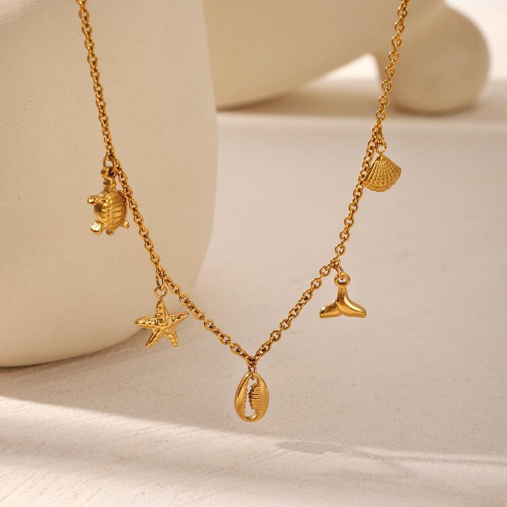 Europäisch-amerikanischer Ins-Stil Edelstahl Seestern & Schildkröte Muschel Anhänger Halskette für Damen