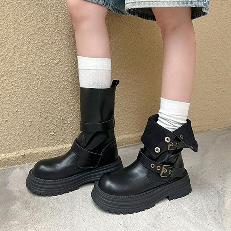 Thick-soled heightening Maillard brown medium tube short boots for children's new autumn thin British Martin boots for women