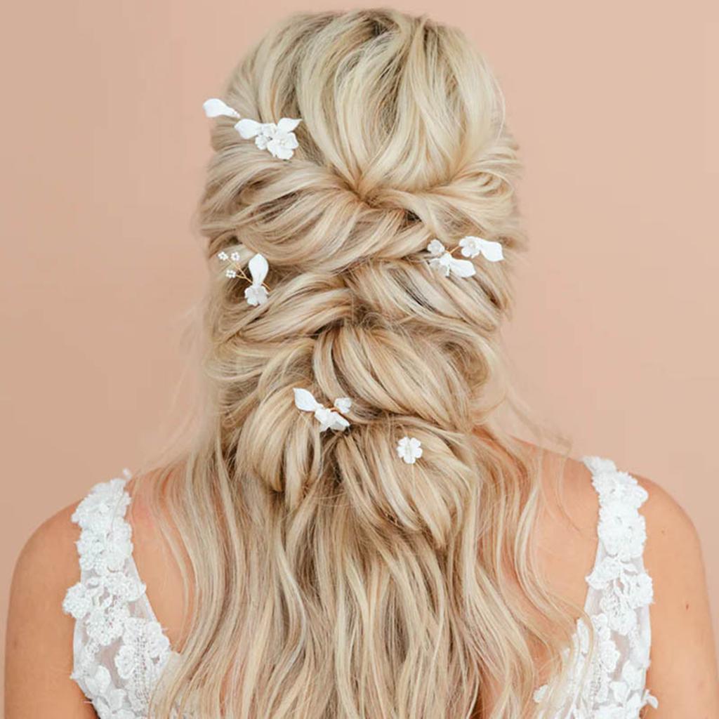 5PCS U-Shape Hairpin with Ceramic Flower Anti-slip Stable Grip Wedding Bridal Headdress for Birthday Stage Party Hairstyle Making
