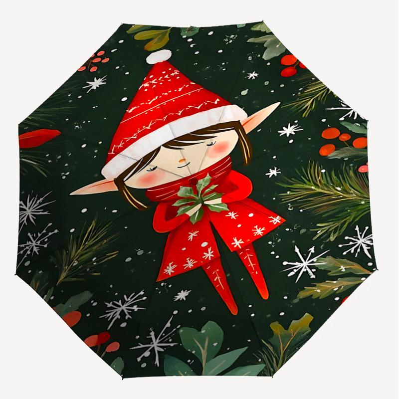 1PC Elf, Christmas Automatic Open/Close Umbrella with Windproof, 8-Rib Sturdy Canopy, Durable Ribs, Fashionable Design, Outdoor Accessory, Fun Prin, H