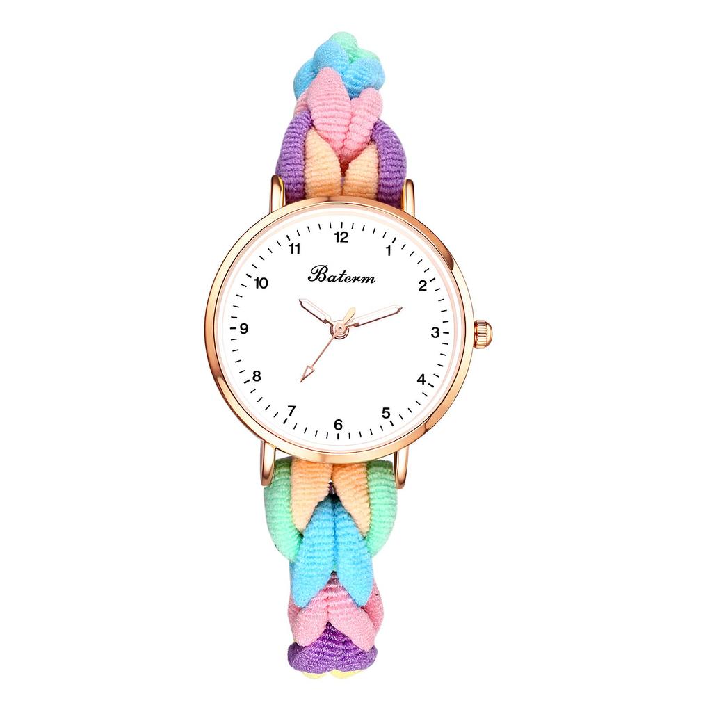 Wristwatch with Braided Hair Colorful Quartz Analog Arabic One Size Fits Casual Day Gift Women's Band, Stretchable, Waterproof Bracelet, Ring,