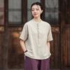Johnature Women Vintage T-Shirts Stand Short Sleeve Summer Cloths Button Solid Color Loose T-Shirts