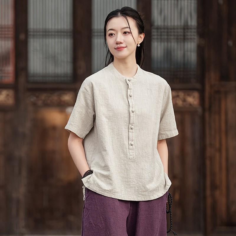 Johnature Women Vintage T-Shirts Stand Short Sleeve Summer Cloths Button Solid Color Loose T-Shirts