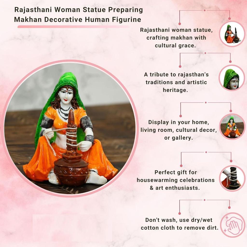 Rajasthani Lady Using Makhan Handi Polyresin Statue (10 Cm X 12.5 Cm X 15 Cm)