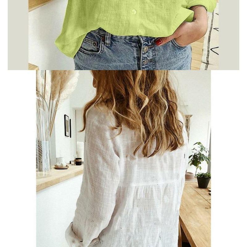 Spring and Autumn Solid Color Casual Loose Long-sleeved Linen Shirts In Stock
