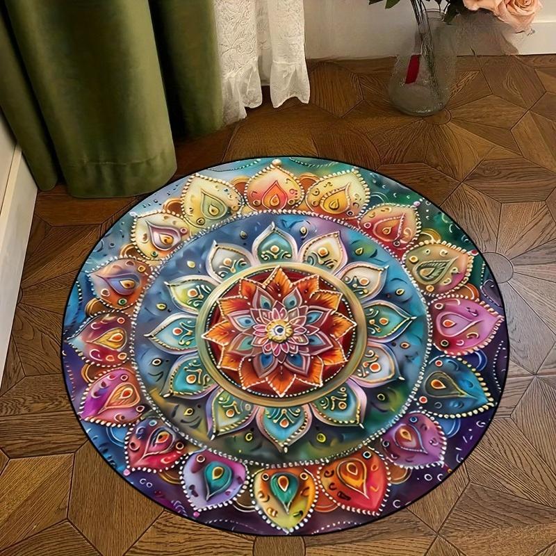 Mandala Round Rug Geometric Floor Carpet Art Deco Circle Mat Traditional Anti Slip Mat Black Area Rugs for Living Room
