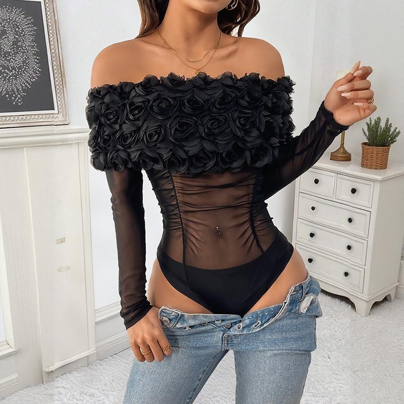 Women Sexy Mesh Off Shoulder Floral Long Sleeve Tight High Waist One Piece Jumpsuit