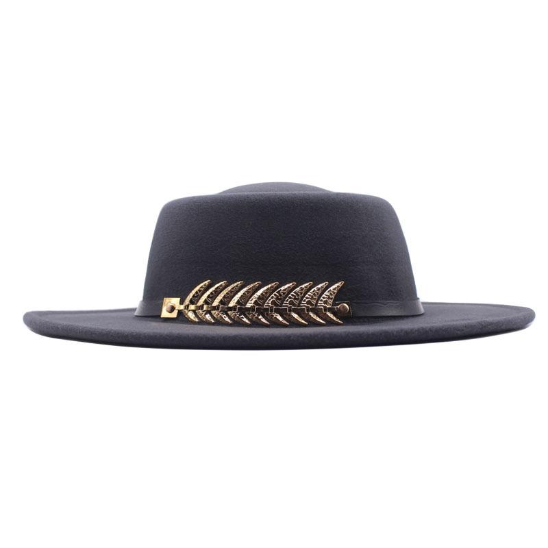 Autumn and winter new women's flat top wide brimmed hat imitation wool top hat felt hat fishbone metal buckle concave shape multi-color