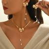 Sweet, Fashionable, and Elegant Bow Design Paired with Faux Pearl Tassels and Chain Necklace Earrings, Suitable for Parties and As a Holiday Gift