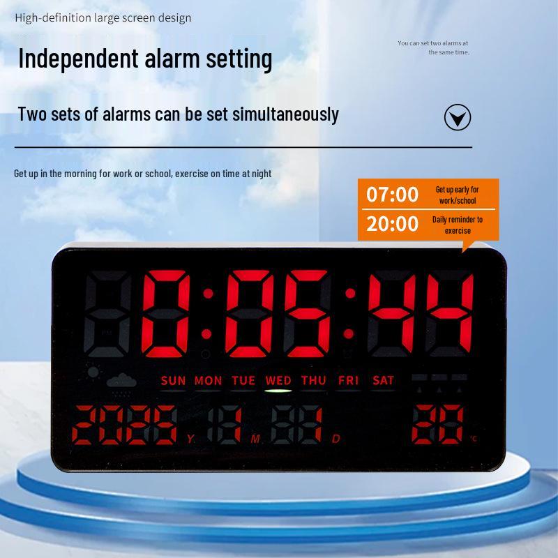 Wall-Mounted Electronic Clock with Large Numbers, Perpetual Calendar, Temperature Display, and Alarm for Bedroom or Dormitory.