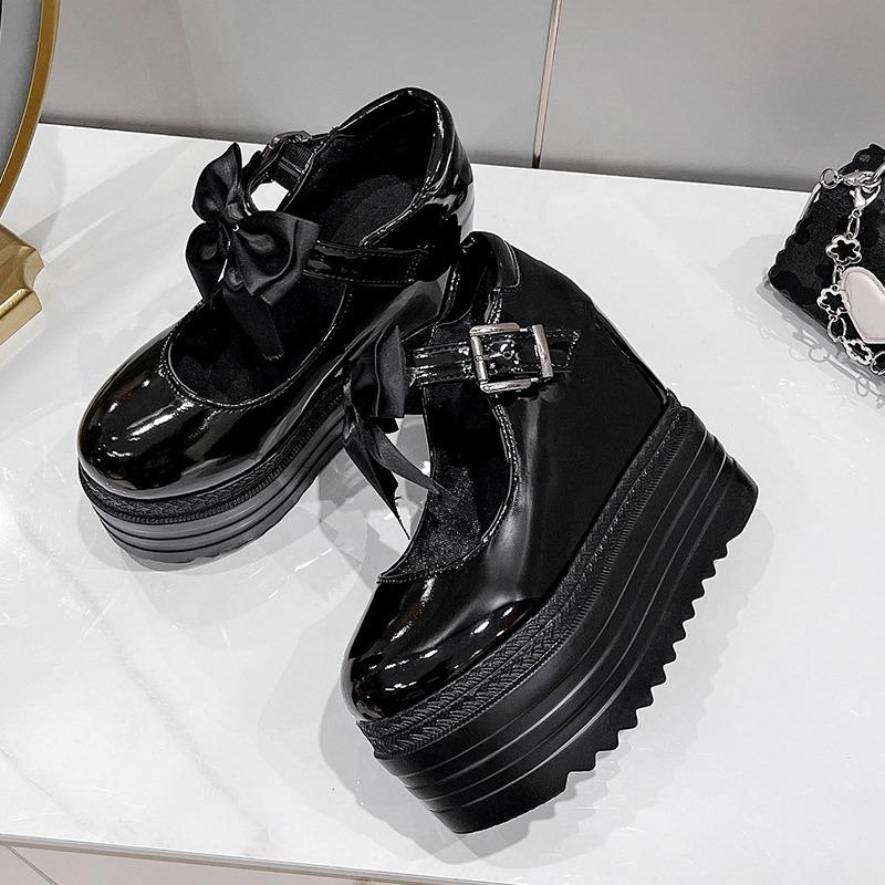 Modne 12,5CM Platforma Wysokie Koturny Damskie Czółenka Trampki Casual Gothic Style Punk Sznurowane Klamry Czarne Buty Damskie Butterfiy-Knot