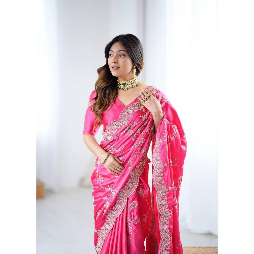 New Launch – Luxury Japan Satin Silk Saree with Coding & Sequins Embroidery Work