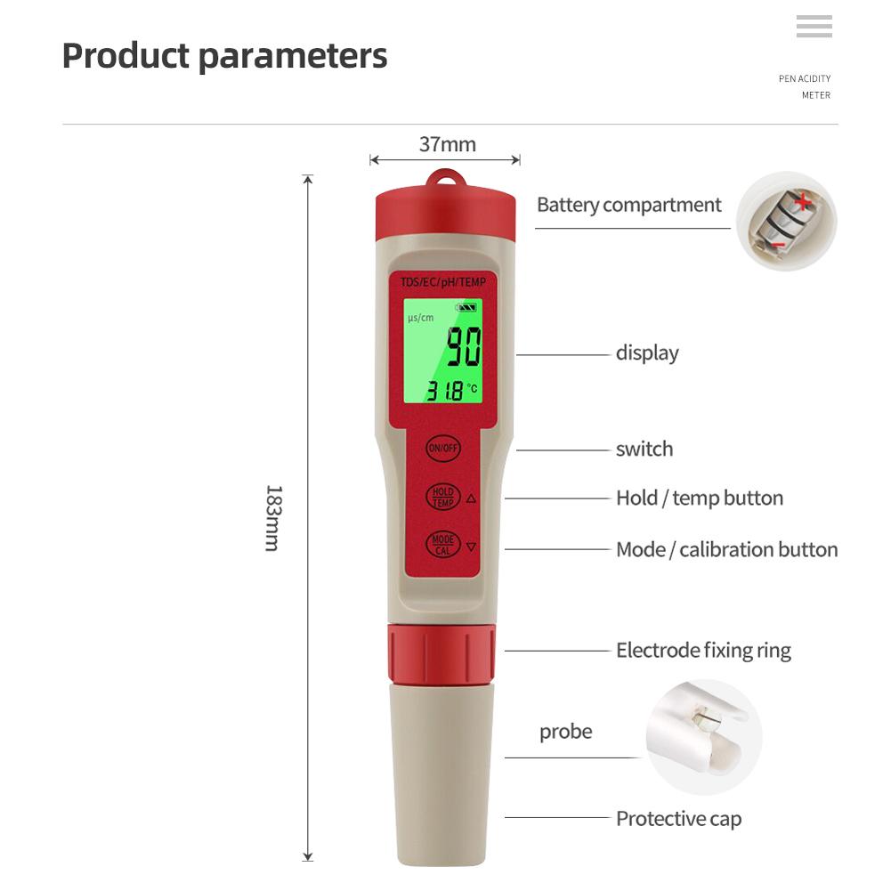 PEZ9908 Portable Handheld Water Quality Tester 4 In 1 PH Total Dissolved Solids EC Temperature Detector Multi