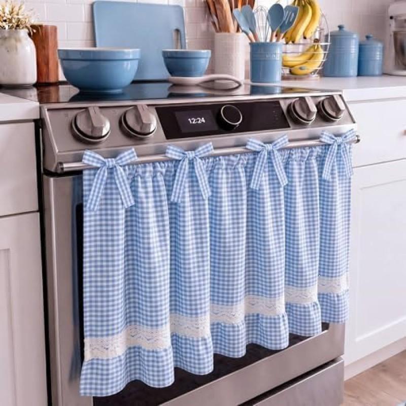 Cotton Blend Gingham Oven Curtain With Ruffled Lace Trim Farmhouse Kitchen Decor 75x55cm