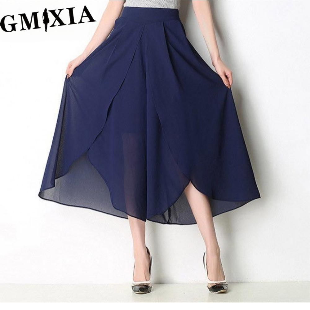 

GMXIA Летние брюки Свободные женские брюки до щиколотки Брюки с высокой талией Шифоновая юбка Брюки с широкими штанинами Брюки больших размеров XXXL синий