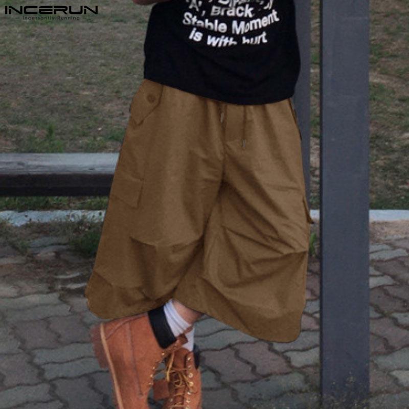 INCERUN Men Drawstring Elastic Waist Ruffled Casual Vintage Cargo Capri Pants with Pockets