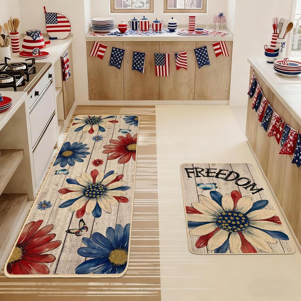 2PC American Patriotic Stars Stripes Kitchen Floor Mat Non Slip Oil Proof Runner Rug Living Room Entryway Decor