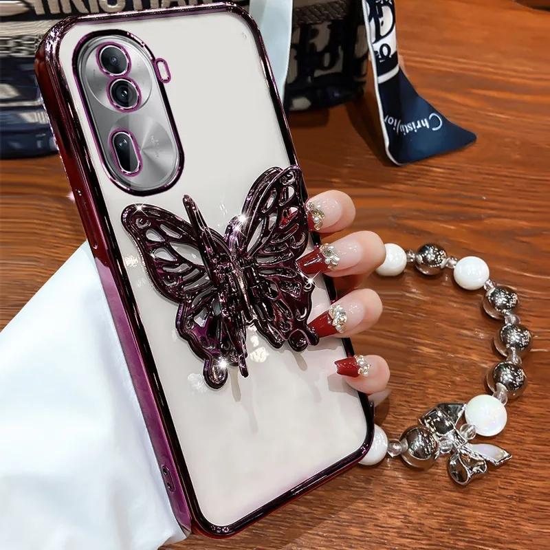 3D Butterfly Phone Holder Bead bracelet Glitter Plating Case for OPPO Reno 8 7 Pro Plus 4G 5G Back Cover