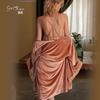Women's Solid Velvet Push Up Padded Backless Cami Sleep Dress with Robe Lounge Set