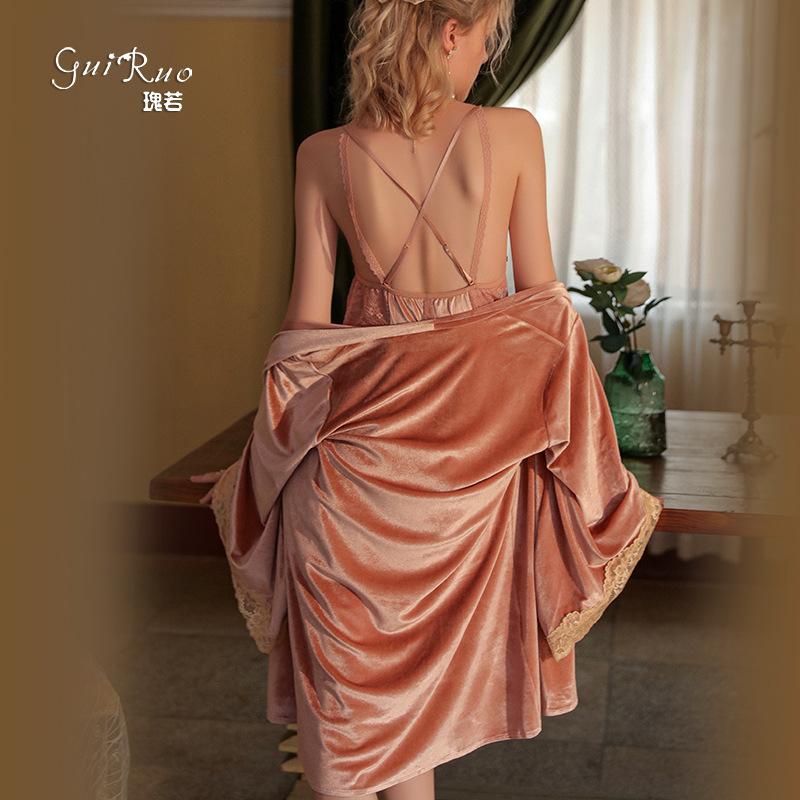 Women's Solid Velvet Push Up Padded Backless Cami Sleep Dress with Robe Lounge Set