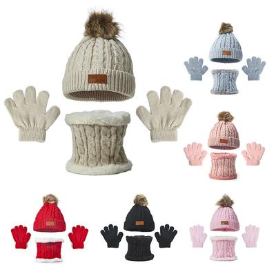 3pc Kids Winter Hat Scarf Gloves Set Unisex Children Beanie Cap Knitted Scarf Single Ball Ear Protection Fleece Warm Hat Boys Girls