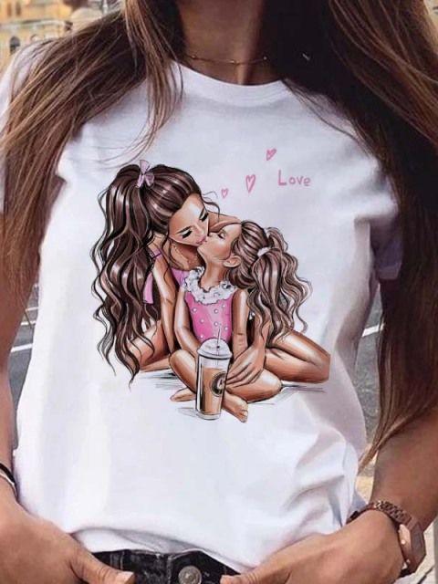Women T Shirt Cartoon Mom Daughter Son Print Lady Tshirts Short Sleeve Tops Womens Kawaii Graphic Female Tshirt Clothe