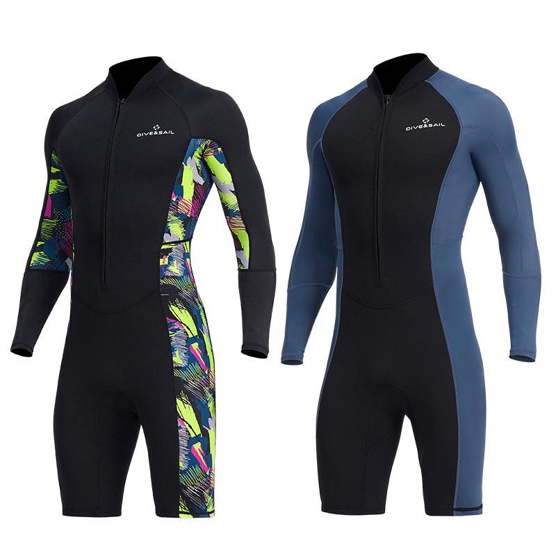 Men's 1.5mm One-Piece Long Sleeve Wetsuit for Diving, Snorkeling, and Surfing - Lycra Sun Protection.