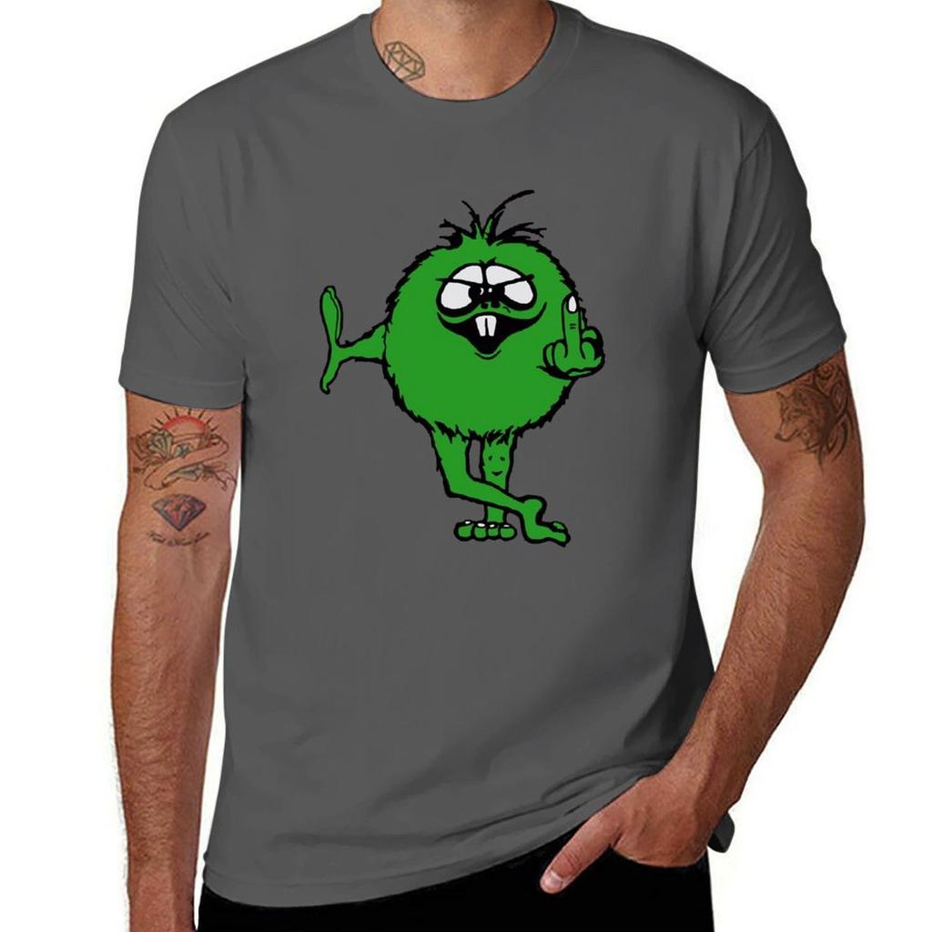 Green Guy flips bird  70s retro TShirt Soft Basic Cotton Short Sleeve Tee