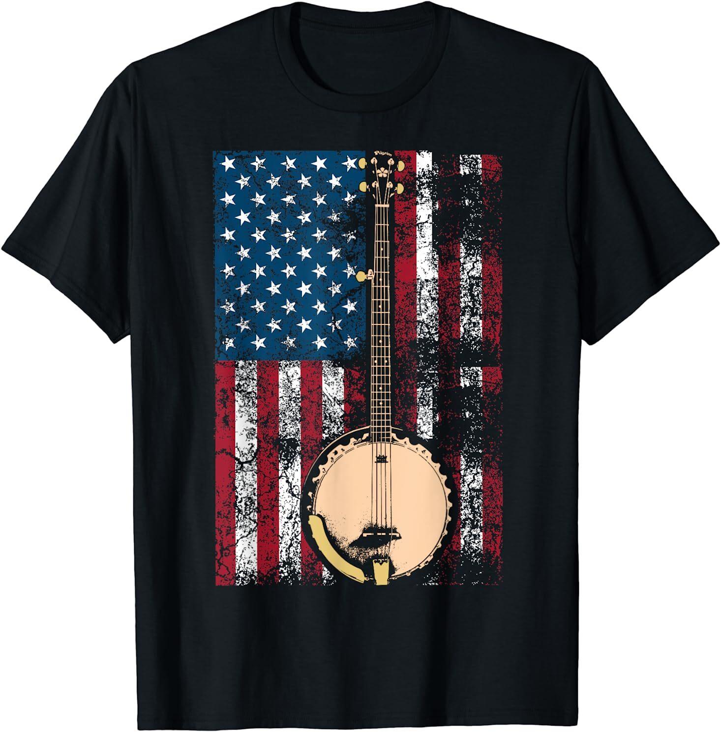 Banjo In American Flag Bluegrass Cute Fiddle Players Gift T-Shirt Size S -5XL S