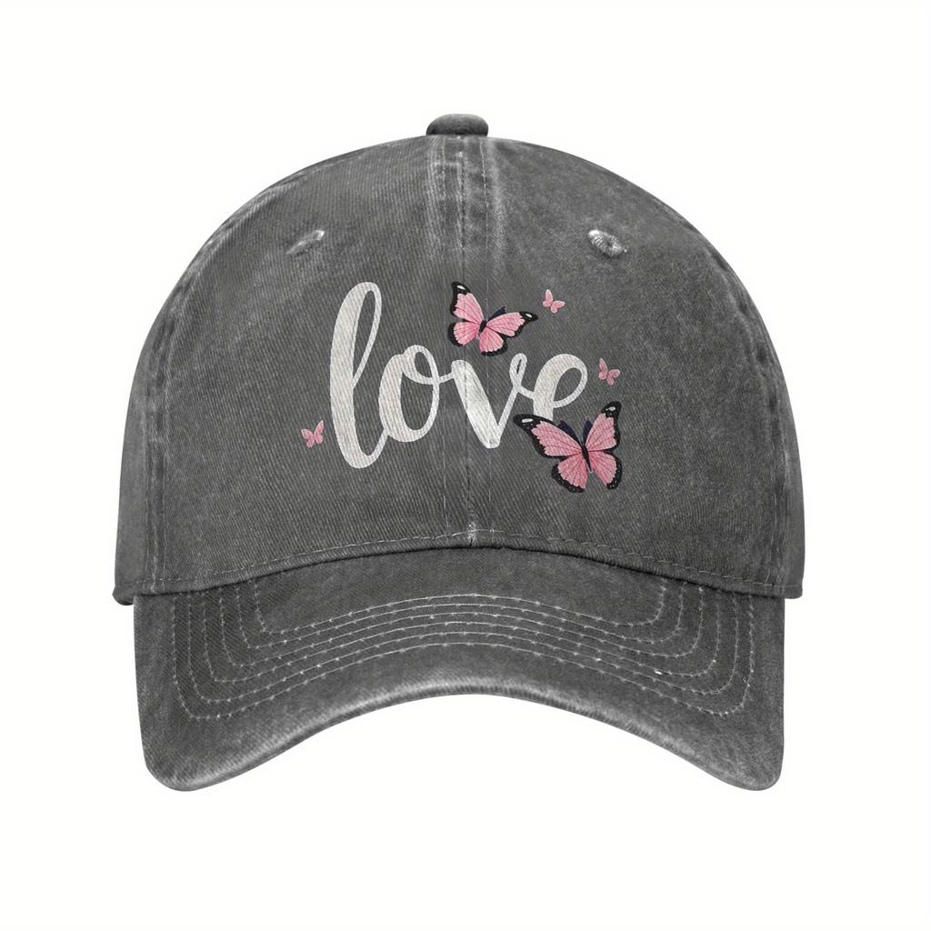 Love Butterfly Print Denim Washed Baseball Cap Vintage Polyester Casual Adjustable Hat Unisex
