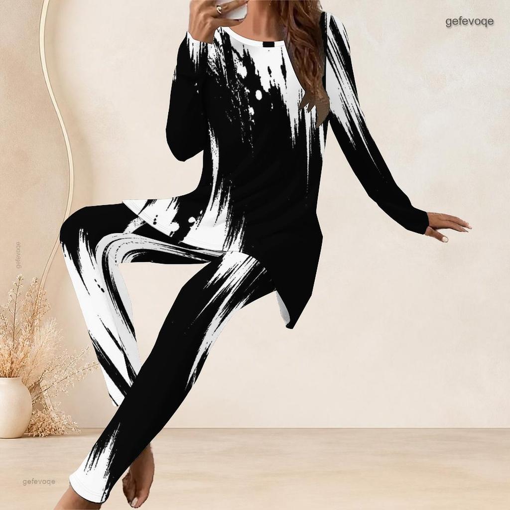 Women Plus Size Black White Printed Round Neck Long Sleeve Longline Top Fitted Pants Two Piece Set