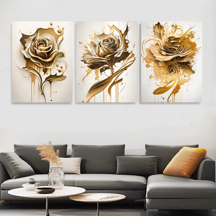 Golden Floral Art Posters, Gold Rose Wall Arts, Abstract Flowers Prints, for Living Room, Office,Wall Decor, No Frame