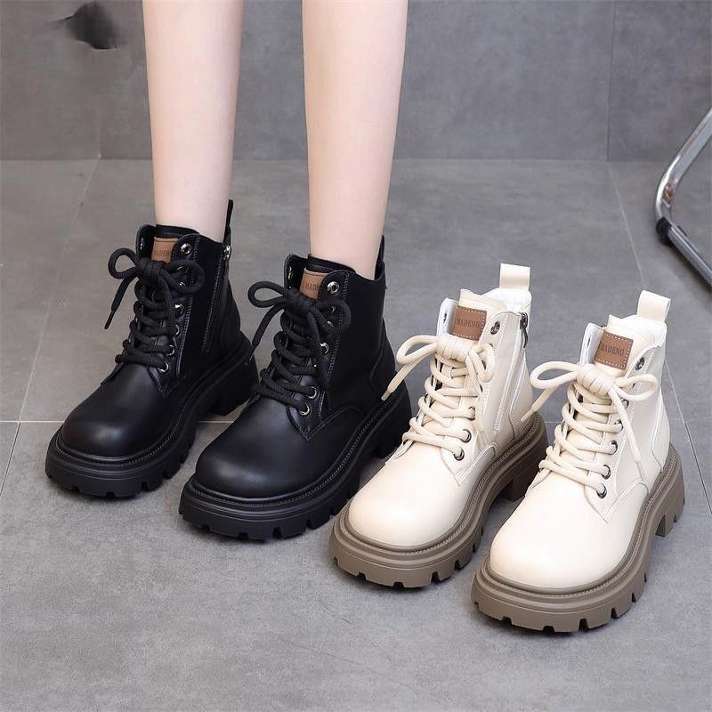Women's British Style 2025 Leather Thick-Soled Martin Boots - Height-Increasing, Slimming Short Boots for Spring and Autumn.