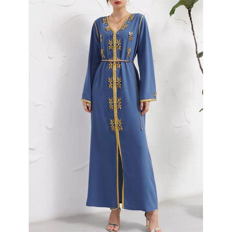 

2021 New Hand-stitched Phnom Penh V-Neck Rhinestone Dress Haze Blue L