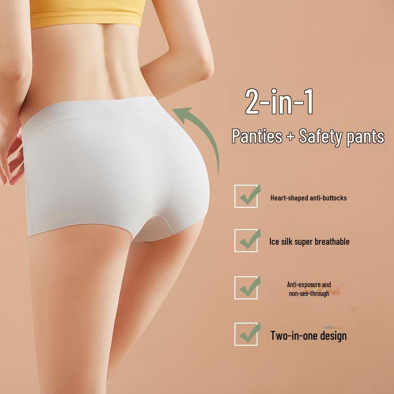 Seamless Women's Mid-Waist Boxer Briefs - Ice Silk, Breathable, Solid Color, Anti-Exposure Safety Shorts with Cotton Crotch
