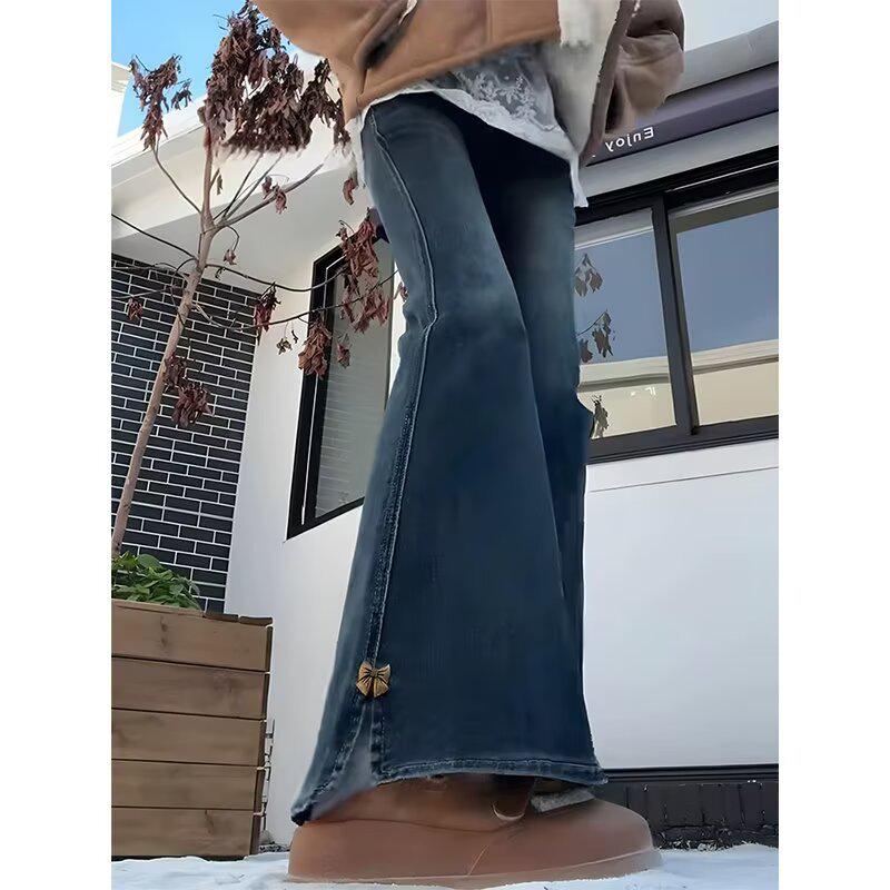 Retro Blue High Waist Stretch Flare Jeans for Women - Plus Size, Slimming, Hip-Covering, Autumn Fashion.