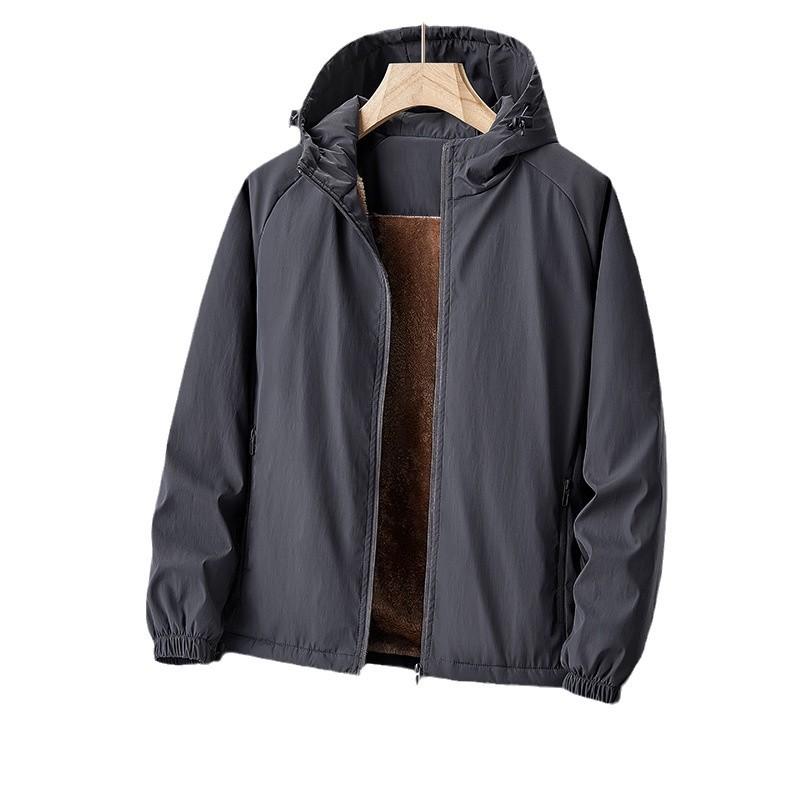 Men's Jacket Autumn Winter Fleece Loose Casual Windproof Waterproof Mountain Style Retro Middle-aged Men's Hooded Coat Jacket