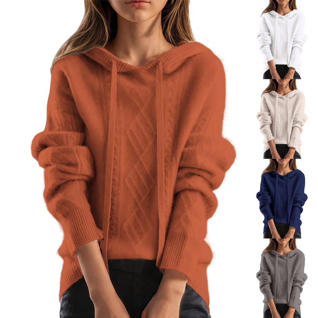 Women's Fashion Casual Solid Color Long-sleeved Drawstring Hooded Sweater Top