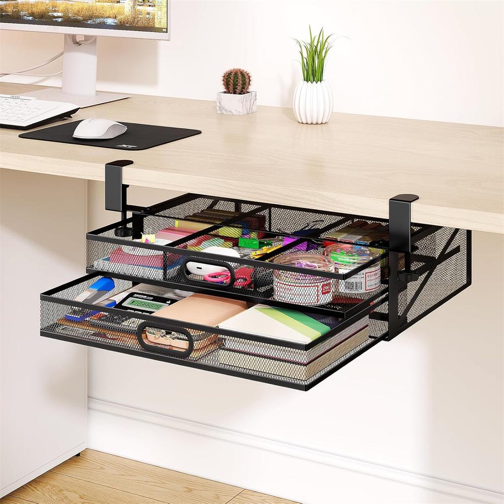 Under Desk Drawer Organizer, No Drilling Mesh Metal Hidden Under Desk Storage Drawer, Desk Organizer With 2 Tier Slide Out Drawer For Home And Office