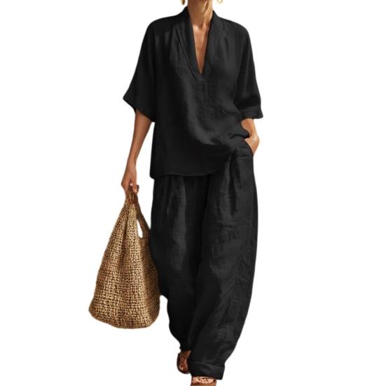 Completi Estivi da Relax a 2 Pezzi per Donna con Scollo a V, Manica Corta e Pantaloni a Gamba Larga, Set Casual per Viaggi e Vacanze