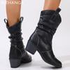 Fashion High Heels Women Mid Calf Boots Designer Chunky Dress Leather Shoes Woman 2024 Trend Pumps Winter Eleglant Chelsea Botas Mujer