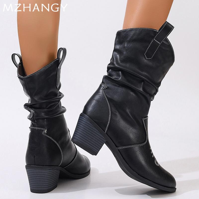 Fashion High Heels Women Mid Calf Boots Designer Chunky Dress Leather Shoes Woman 2024 Trend Pumps Winter Eleglant Chelsea Botas Mujer