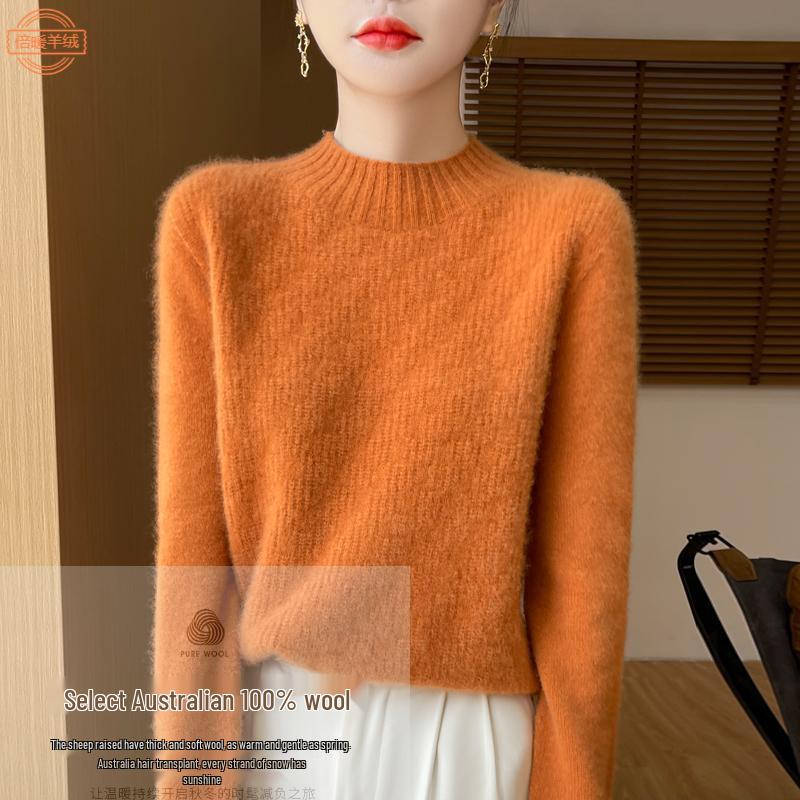 Women's Pure Wool Thickened Half-High Collar Sweater - Loose, Slimming Long Sleeve Warm Pullover