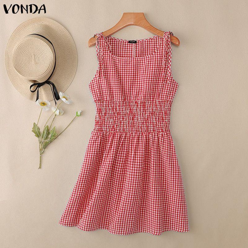VONDA Women Sleeveless Elastic Waist Plaid Print Ruffled Casual Mini Tank Dress