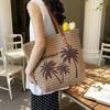 Summer Large Capacity Straw Beach Women's Tote Bags Coconut Tree Pattern Handbag Leather Strap Beach Shoulder Bag